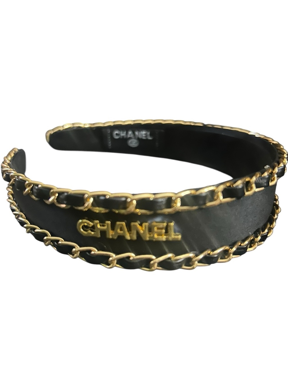 Black Leather Headband with Gold Chain Trim/Fashion Accessories